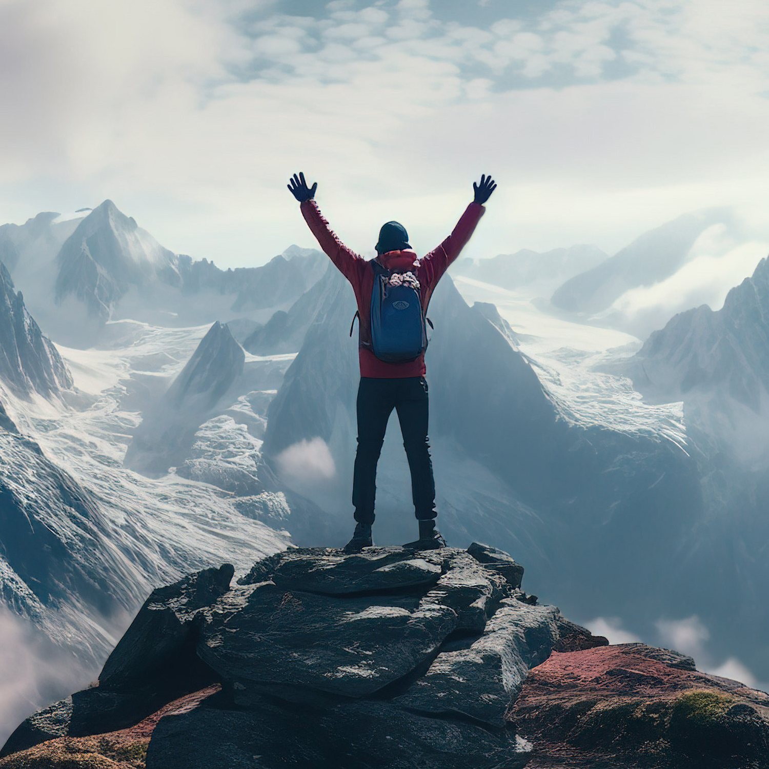Mann steht mit ausgestreckten Armen auf dem Gipfel eines Berges