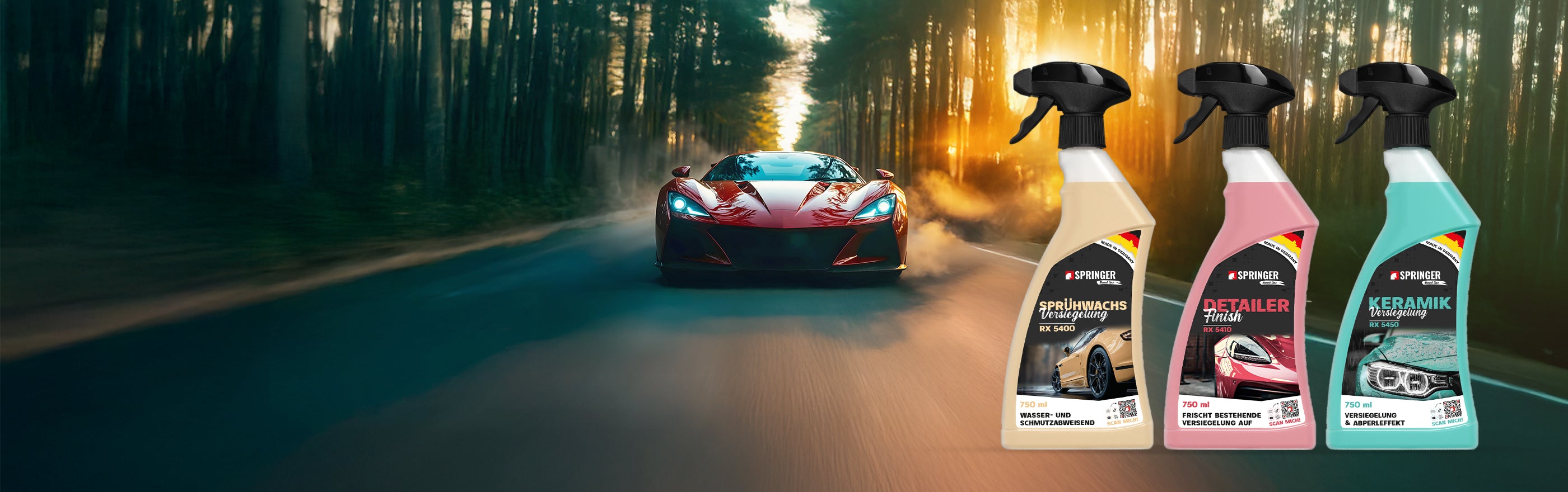 Vorn drei Lackpflegeprodukte (750 ml) auf Straße – hinten fährt ein roter Sportwagen heran.