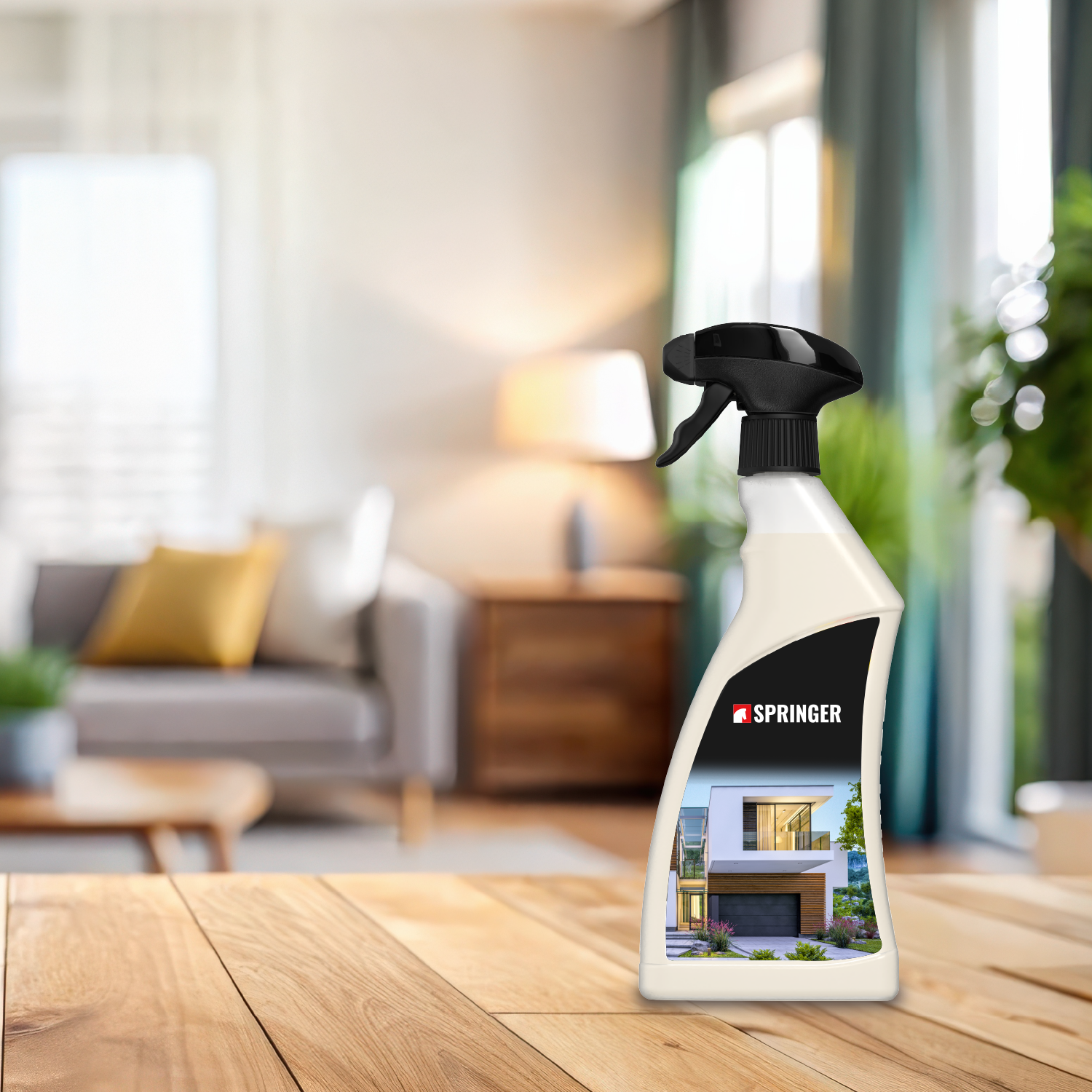 Haushaltsreiniger steht auf Arbeitsplatte, im Hintergrund ist ein Wohnzimmer zu sehen.