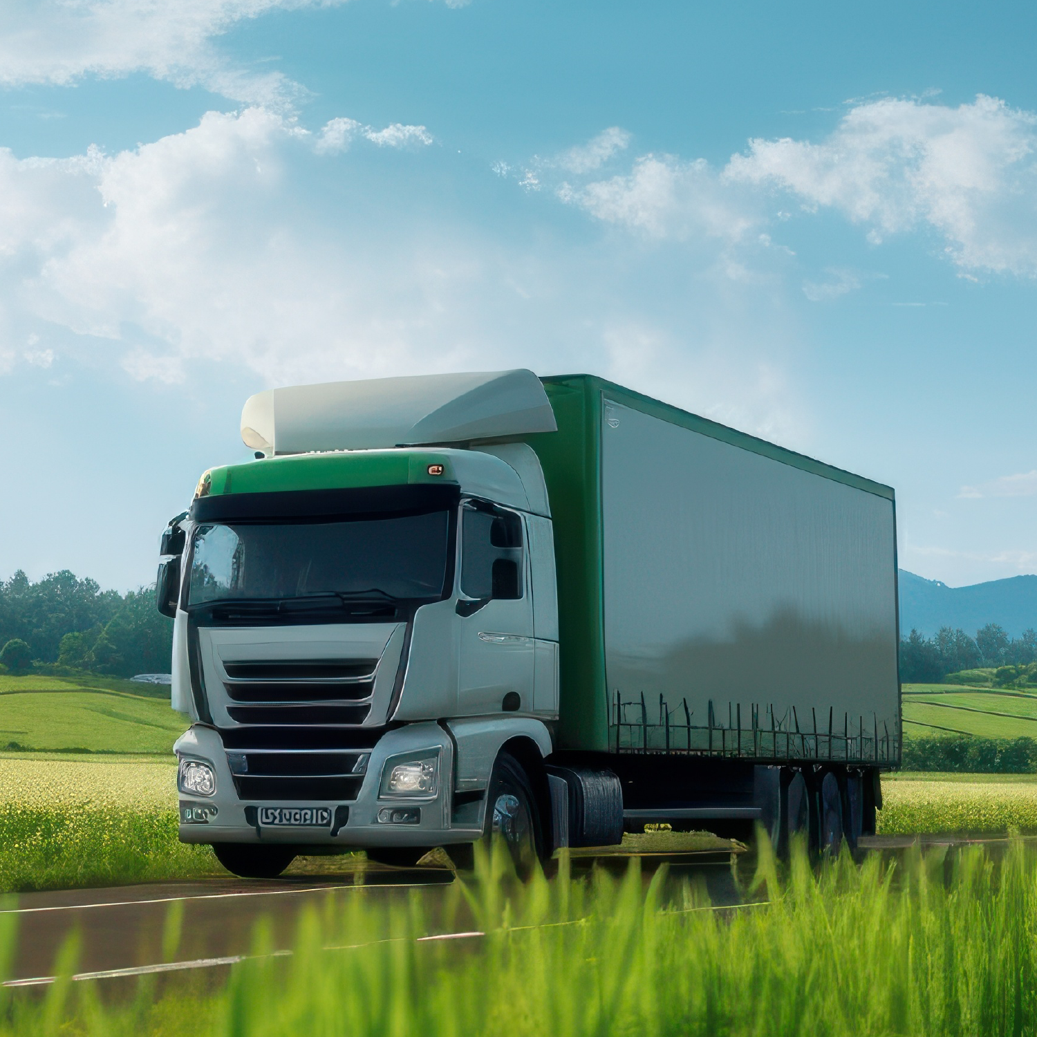 Ein LKW auf einer Landstraße, umgeben von grünen Feldern.