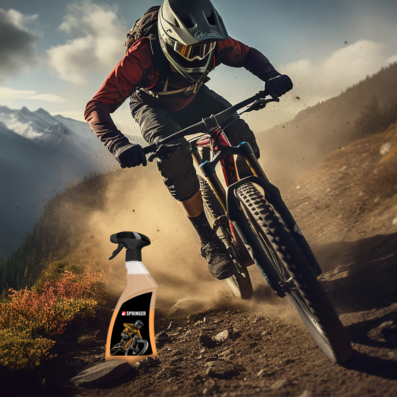 Mountainbikefahrer auf Trail - Reiniger steht am Wegesrand